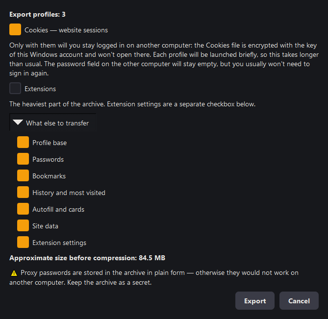 The "Export profiles" window: cookies and extensions in plain view, the rest in a drop-down list, approximate size below