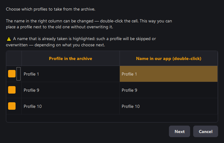 The "Import profiles from an archive" window: which profiles to take and under what names