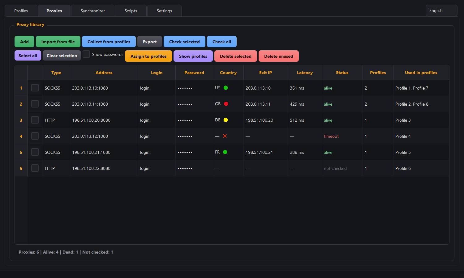 The Proxies tab: the address library, connectivity and country checks