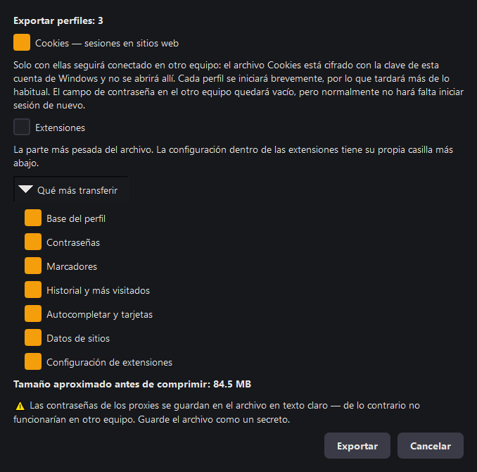 Ventana «Exportar perfiles»: cookies y extensiones a la vista, el resto en la lista desplegable, abajo el tamaño aproximado